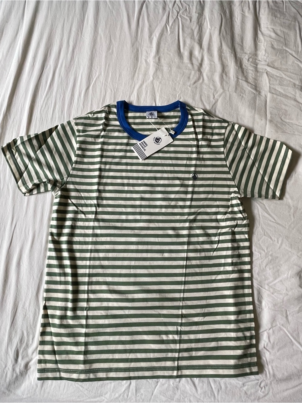 PETIT BATEAU Striped Green & White Crewneck Tee with Blue Trim